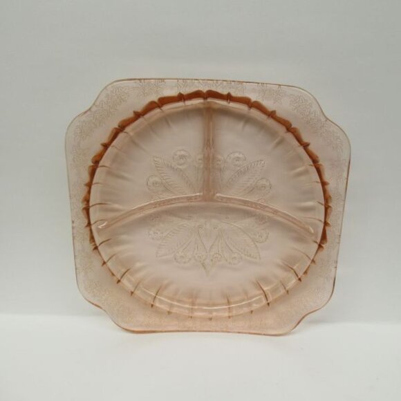 Jeannette Depression Glass Pink ADAM 9 1/4 In Square 3-Part Divided Grill Plate - Picture 3 of 4